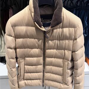 Herno Men's Beige Puffer Jacket with Brown Collar